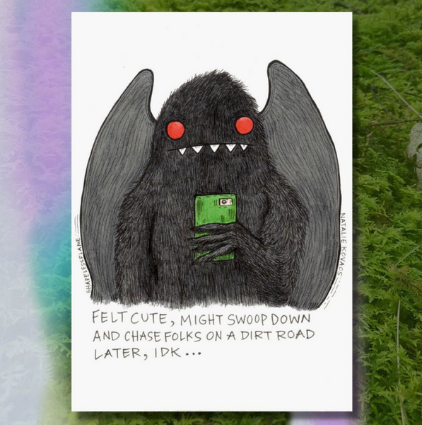 Black creature with red eyes and green tag on a white card with text, surrounded by nature-themed images.