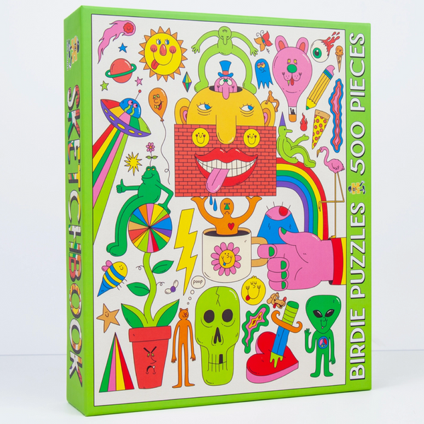 Colorful puzzle box with various illustrations on a white background