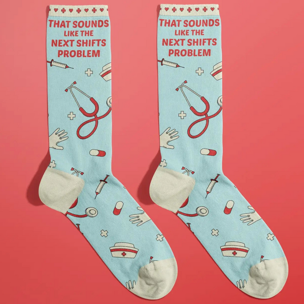 Pair of socks with medical-themed design and text on a red background