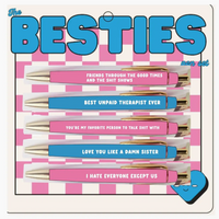 Packaged pens with humorous text on a checkered background, labeled 'The Besties'.