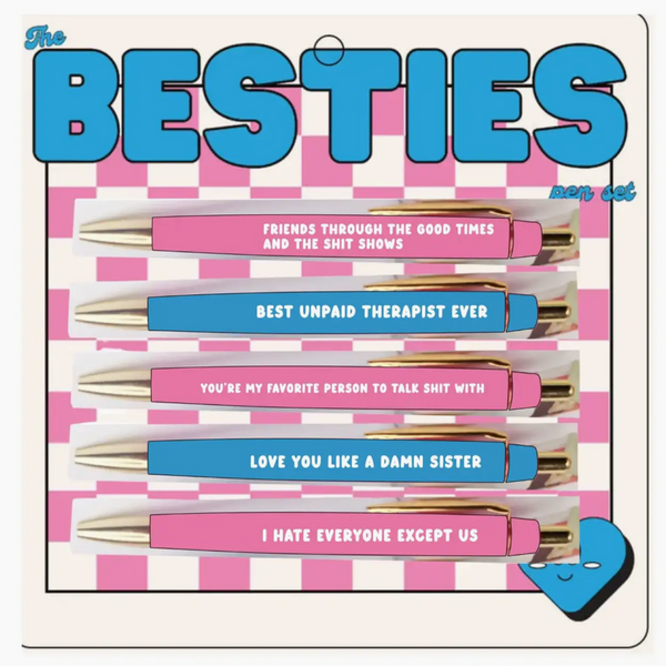 Packaged pens with humorous text on a checkered background, labeled 'The Besties'.
