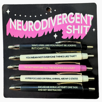 Set of pens with humorous text on packaging labeled 'Neurodivergent Shit' on a website page.