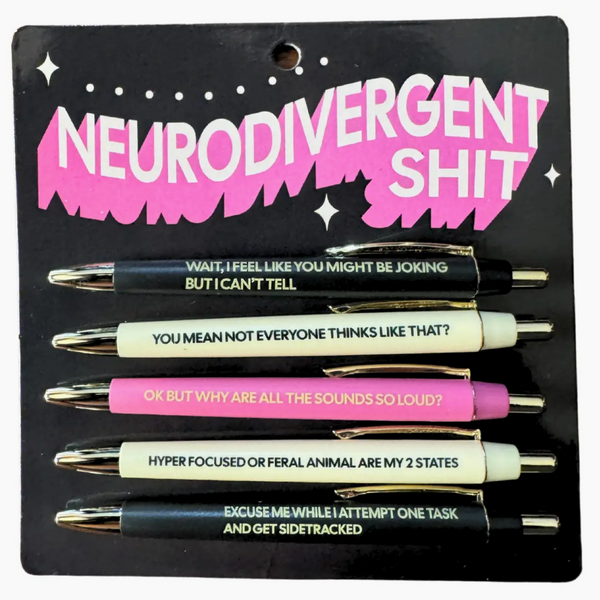Set of pens with humorous text on packaging labeled 'Neurodivergent Shit' on a website page.