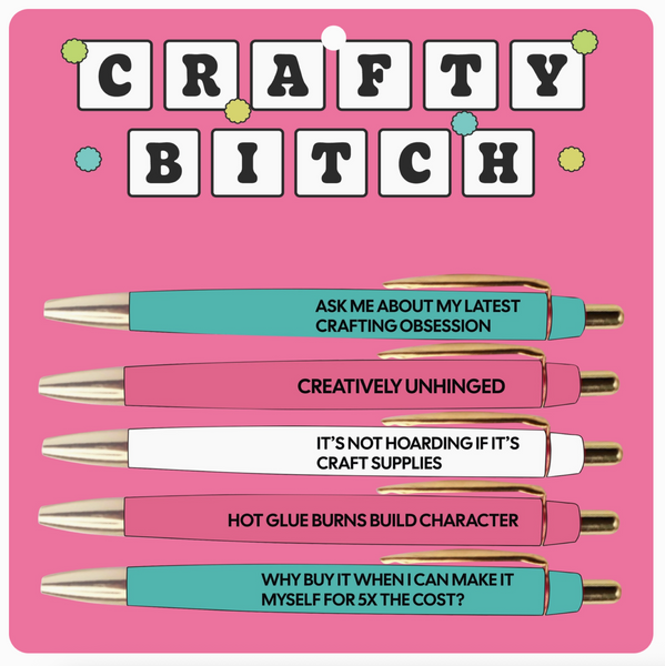 Pink card with text and pens on a computer screen
