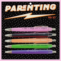 Pen set with humorous phrases on a black background with white dots, labeled 'Parenting Pen Set' on a pink border.