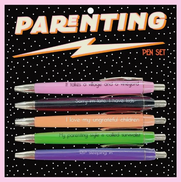 Pen set with humorous phrases on a black background with white dots, labeled 'Parenting Pen Set' on a pink border.