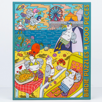 Jigsaw puzzle box with colorful illustration of cartoon birds at a fair, featuring 'Birdie Puzzles' branding.