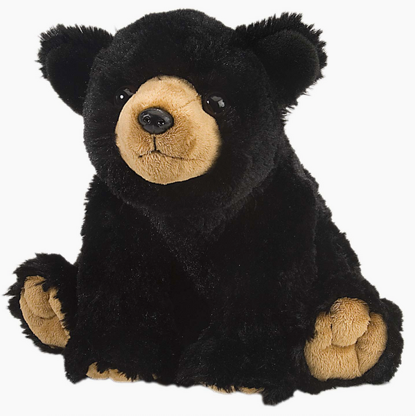 Black bear plush toy on a white background