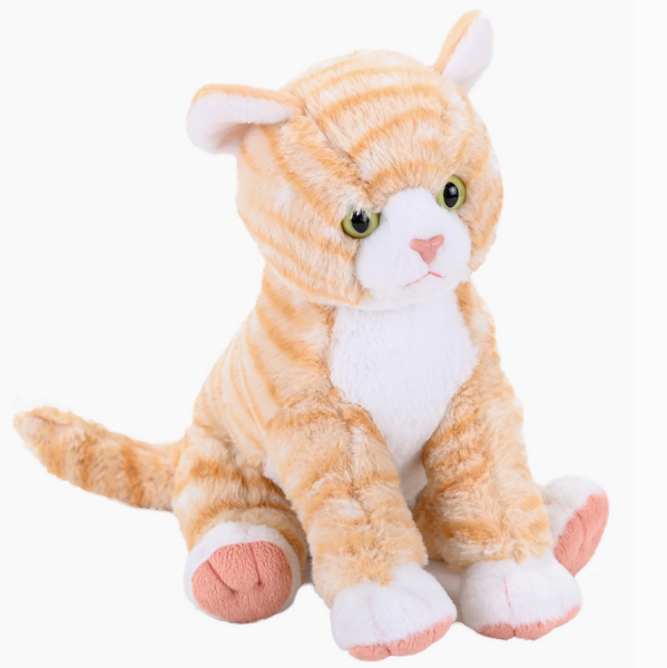 Plush toy cat with orange and white fur on a white background