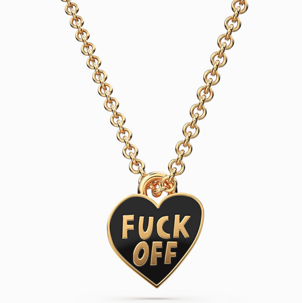 Necklace with a black heart pendant featuring the text 'FUCK OFF' on a white background