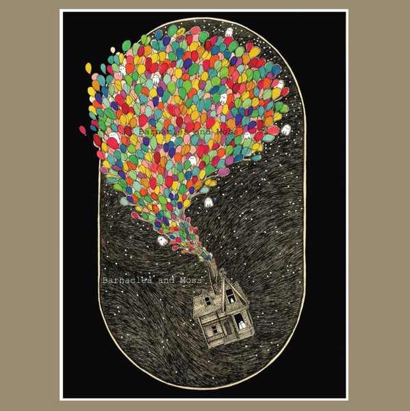 Illustration of a hot air balloon with colorful balloons against a black background