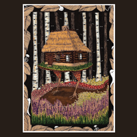Illustration of a treehouse in a forest with birch trees and flowers.