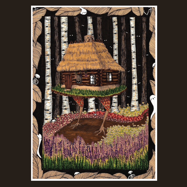 Illustration of a treehouse in a forest with birch trees and flowers.