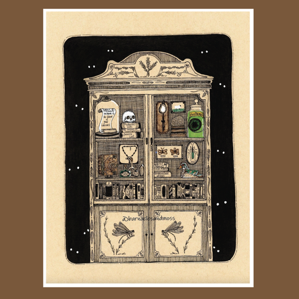 Illustration of a vintage-style medicine cabinet with various labeled drawers on a beige background.