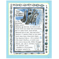 Cartoon illustration with text on a blue border