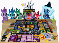 Board game with character cards and a game board on a wooden surface