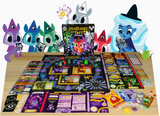 Board game with character cards and a game board on a wooden surface