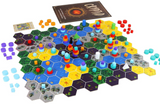 Board game with hexagonal tiles and colorful pieces on a white background