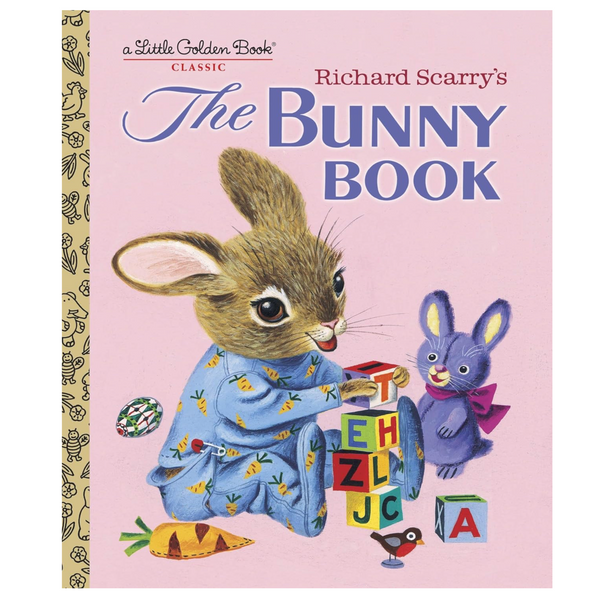 Book cover of 'The Bunny Book' by Richard Scarry with two bunnies on a pink background.