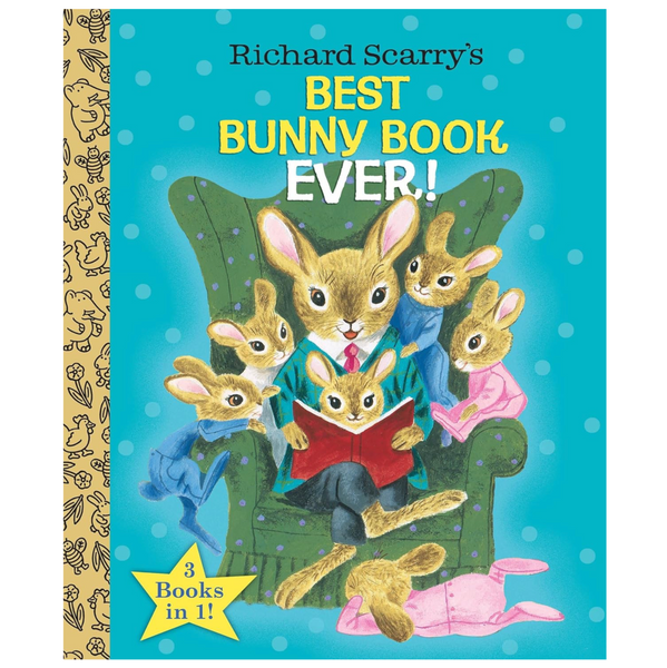Book cover of 'Richard Scarry's Best Bunny Book Ever!' with rabbits on a green chair.