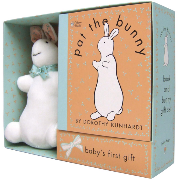 Boxed set with a plush bunny toy and book titled 'Pat the Bunny' by Dorothy Kunhardt.