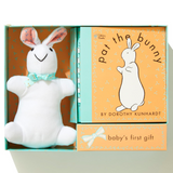 Plush bunny toy and book titled 'Pat the Bunny' by Dorothy Kunhardt on a computer screen.