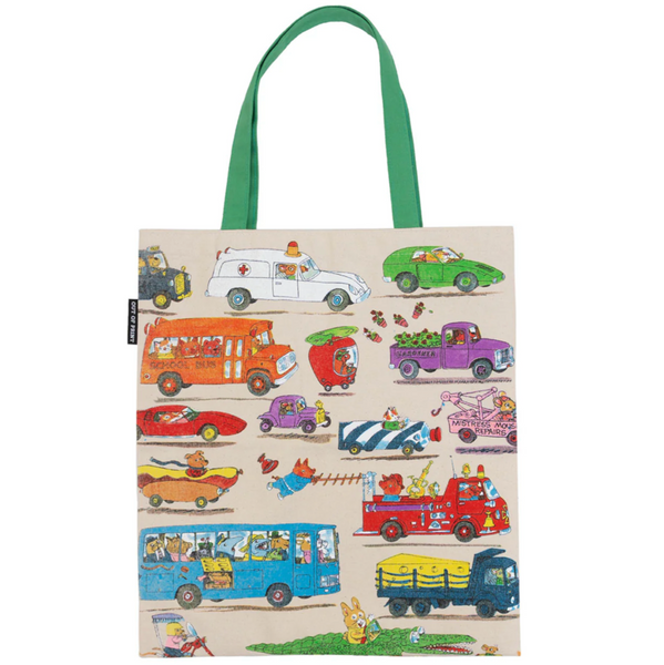 Tote bag with vehicle illustrations on a white background