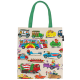Tote bag with vehicle illustrations on a white background