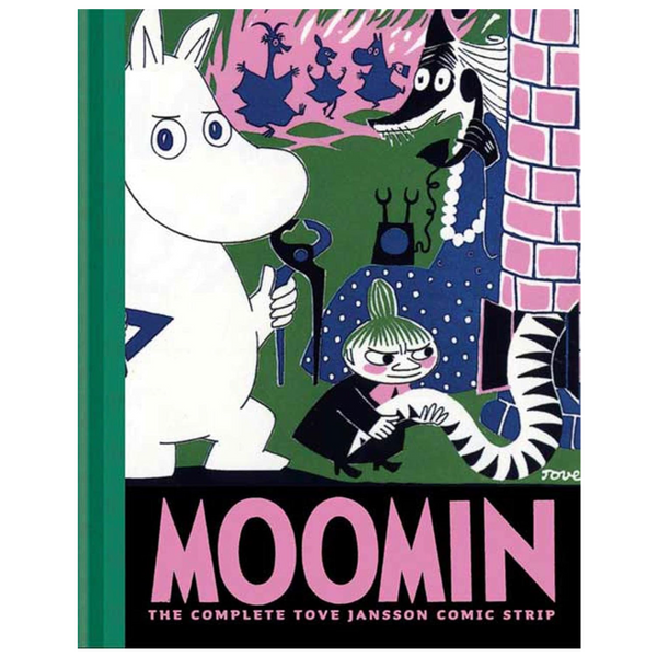 Moomin book cover with cartoon characters on a computer screen