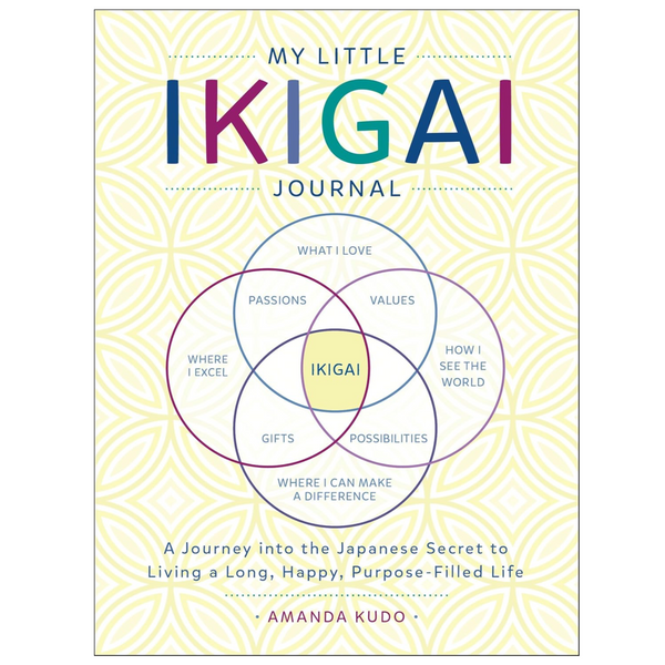 Book cover of 'My Little Ikigai Journal' with a Venn diagram on a white background