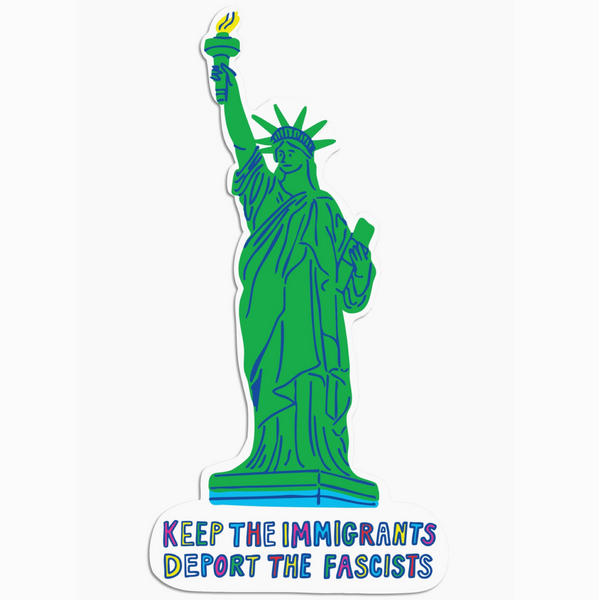Green cutout of the Statue of Liberty with text on a white background