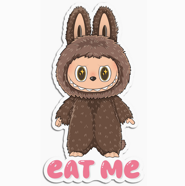 Cartoon character in a brown bunny costume with 'EAT ME' text on a white background
