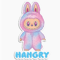 Cartoon character in a pastel bunny costume with 'HANGRY' text on a computer screen.