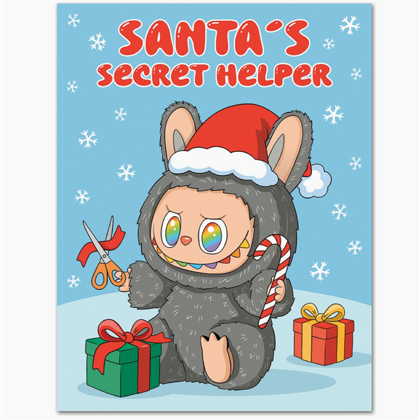 Cartoon character in a Santa hat with Christmas elements on a blue background