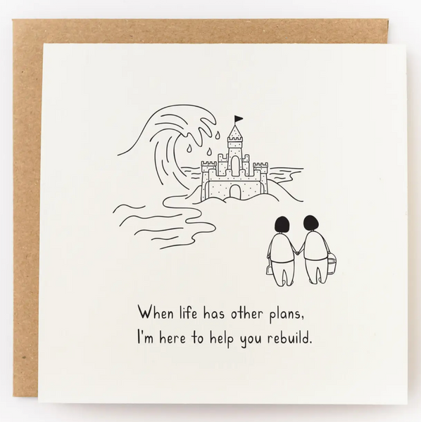 Sympathy card with illustration of a couple and a castle, displayed on a website.