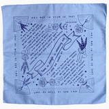 Light blue fabric with black printed design and text on a white background
