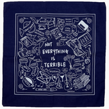 Navy blue bandana with white graphic design and text on a white background