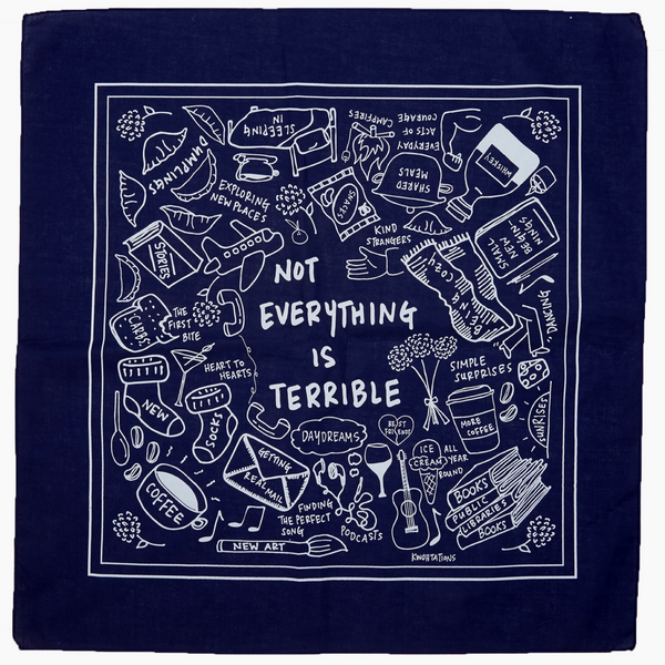 Navy blue bandana with white graphic design and text on a white background