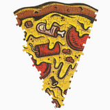 Pizza-shaped puzzle with cartoon-style illustrations on a white background