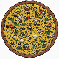 Colorful pizza illustration with various toppings on a white background