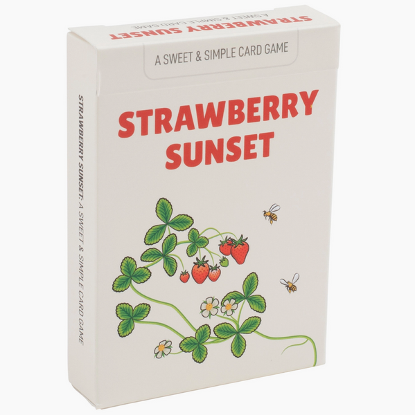 Card game box titled 'Strawberry Sunset' with strawberry illustrations on a white background