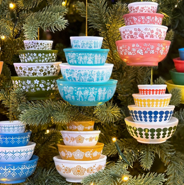 Colorful stacked bowls on a Christmas tree