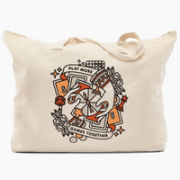Beige tote bag with decorative design and text on a white background