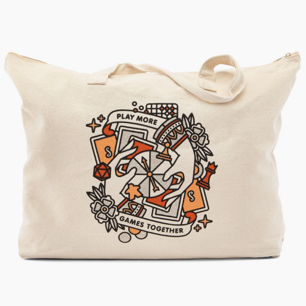 Beige tote bag with decorative design and text on a white background