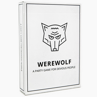 White box with a wolf logo and text 'Werewolf: A Party Game For Devious People' on a white background