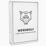 White box with a wolf logo and text 'Werewolf: A Party Game For Devious People' on a white background