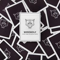 Card game box with 'Werewolf' theme and wolf pattern on black background