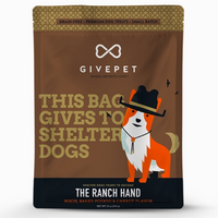 Dog food package with a brown label featuring text and a dog illustration on a white background.