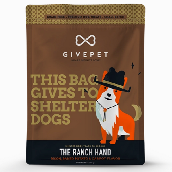 Dog food package with a brown label featuring text and a dog illustration on a white background.