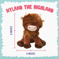 Plush toy labeled 'Nyland the Highland' with dimensions on a light blue background